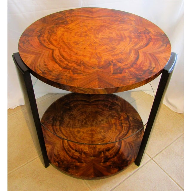 This Theodore Alexander Art Deco Style Round Wood and Glass Center / End Table (last photo shows the metal label T.A....