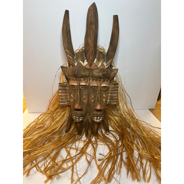 Late 19th Century Late 19th Century West African Double-Faced Carved Wood Mask With Raffia and Cowrie Shells For Sale - Image 5 of 11