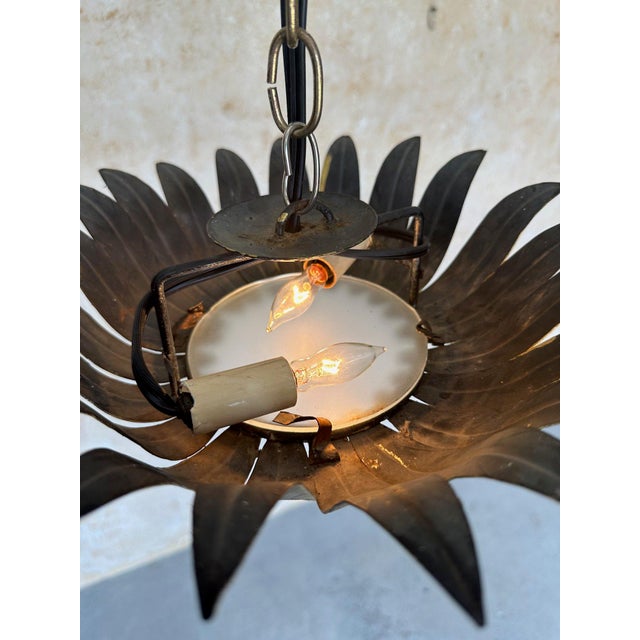 Metal Small Spanish Gilt Metal Ceiling Fixture With Curved Leaves For Sale - Image 7 of 12