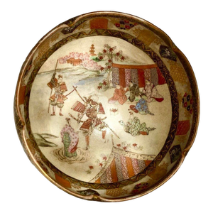 Antique Japanese Satsuma Bowl, Meiji Period (C. 1885–1905), Samurai Scene With Moriage Gilt