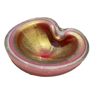 1960s Mid-Century Italian Hot Pink, Gold & White Murano Attributed Bowl For Sale