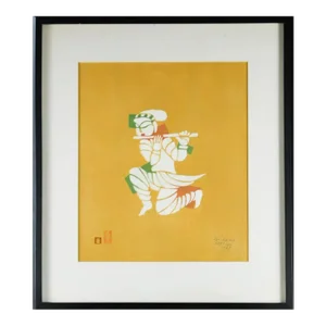 Mid Century 1960s Japanese Woodblock Print Flute Player Toshijiro Nenjiro Inagaki Contemporary Vintage Framed Art
