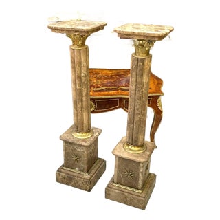 Rococo Style Pedestal Column Set – Marble Top Gold Leaf Pedestals For Sale