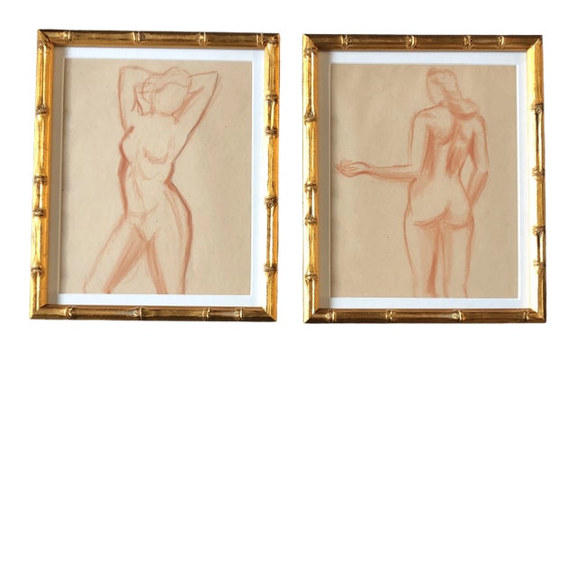 Gallery Wall Collection-2 Vintage Female Nude Sepia Drawings Faux Bamboo Frames - Set of 2 For Sale
