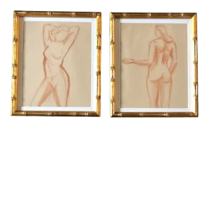 Gallery Wall Collection-2 Vintage Female Nude Sepia Drawings Faux Bamboo Frames - Set of 2