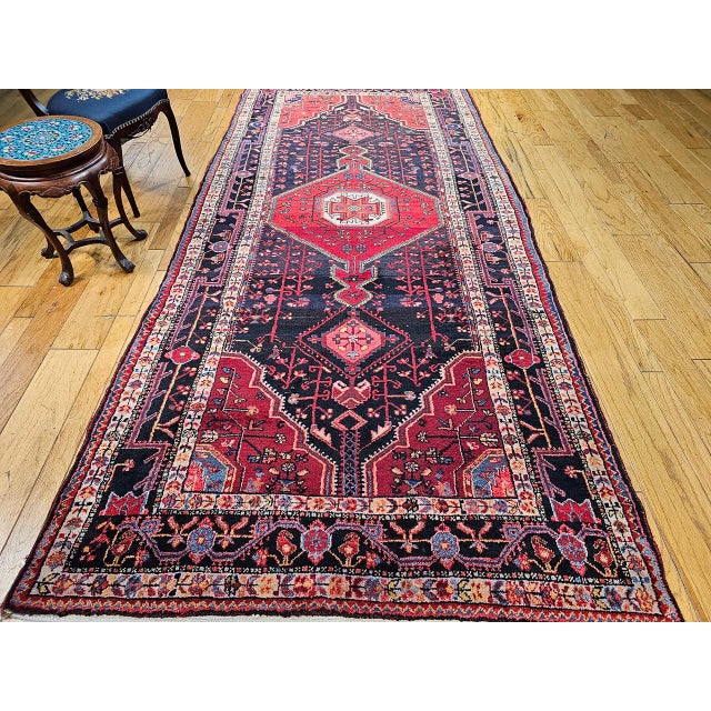 Persian Vintage Persian Hamadan Gallery Rug, Hand-Knotted Wool, Geometric Medallion Pattern, Navy & Red, 6x12 For Sale - Image 3 of 17