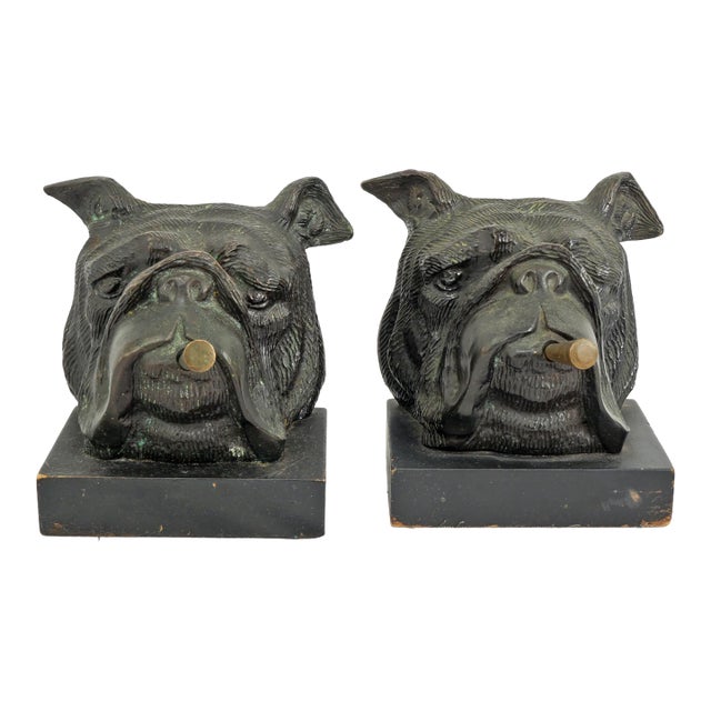 Pair of British Bulldog Churchill Bookends Smoking Cigar - 1940's For Sale