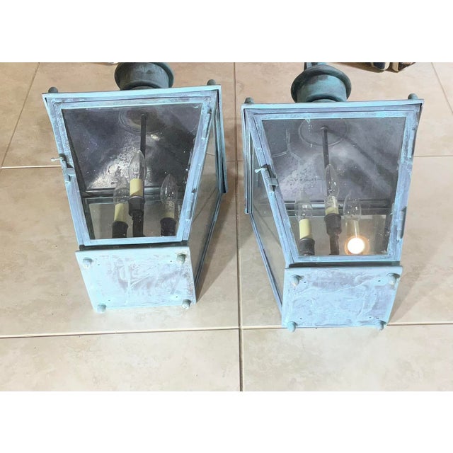 Large Pair of Vintage Solid Brass Wall Lanterns - 12”x 12”x 24” For Sale - Image 11 of 15