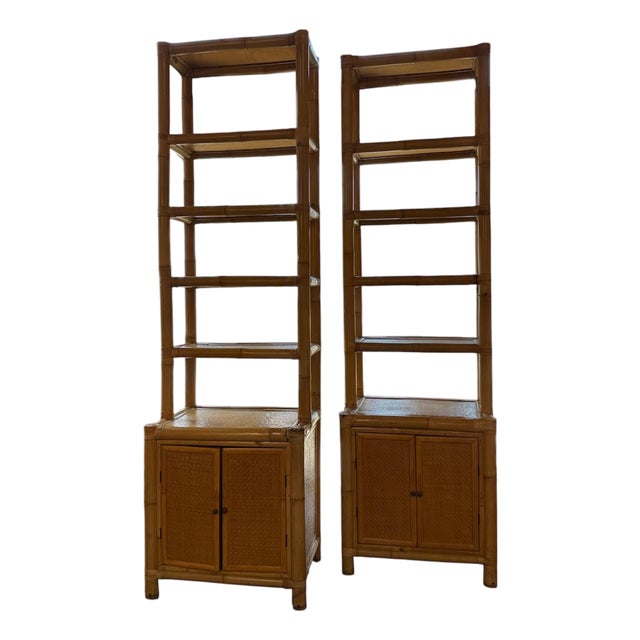 Pair of Bamboo and Woven Rattan Bookcases With Cabinet Bases, 1970s For Sale