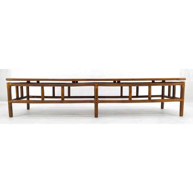 Mid Century c1970s Rattan Bamboo White Formica Top 72” Long Coffee Table MINT For Sale - Image 11 of 15