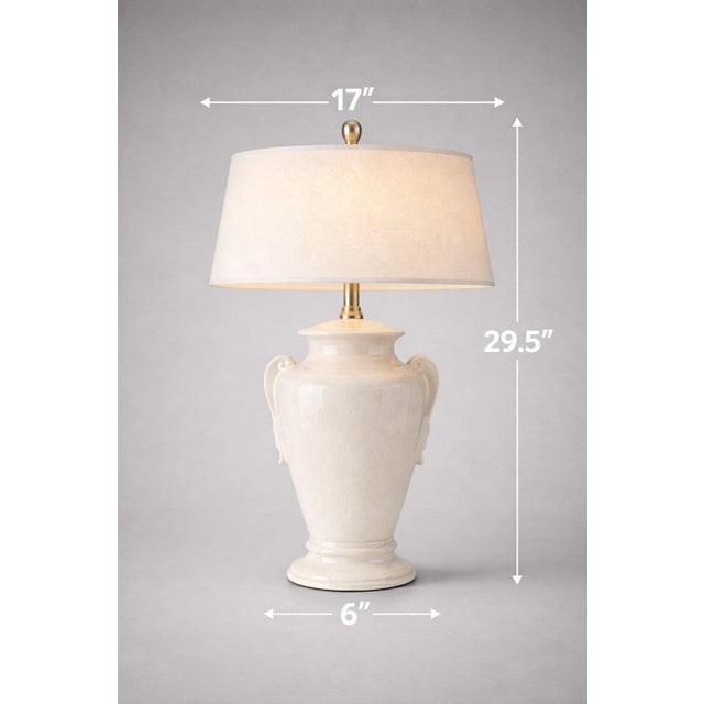Vintage Coastal Breeze White Crackle Glaze Urn Table Lamp — 27” Ceramic Urn With Linen Shade --- Mobile-Ready Description:...