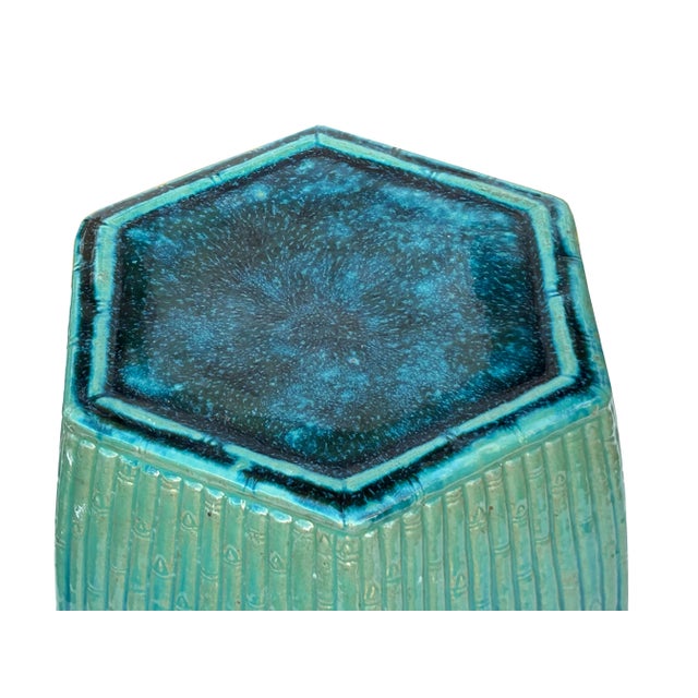 Chinese Hexagon Bamboo Theme Turquoise Green Ceramic Clay Garden Stool For Sale In San Francisco - Image 6 of 6