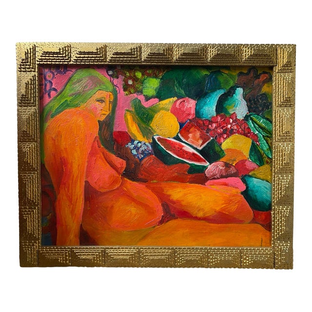 Vintage Colorful Oil on Board Painting of Nude Woman and Fruit in Handmade Geometric Wood Frame, Signed Alfonso Caliendo Circa 1990 For Sale