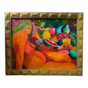 Vintage Colorful Oil on Board Painting of Nude Woman and Fruit in Handmade Geometric Wood Frame, Signed Alfonso Caliendo Circa 1990