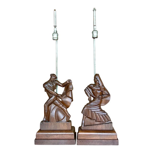 Vintage Mid-Century Heifetz Hand-Carved Dancer Table Lamps – A Pair For Sale