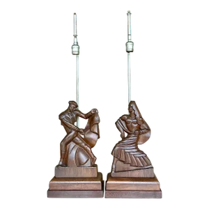 Vintage Mid-Century Modern Signed Hand Carved Heifetz Dancer Lamps - a Pair