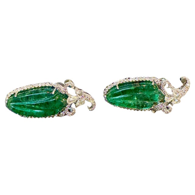 22 Ct Carved Emerald & 2 Ct Diamond Earrings Emerald Diamond Post Earrings 18 Karat White Gold Two fine carved leaf...