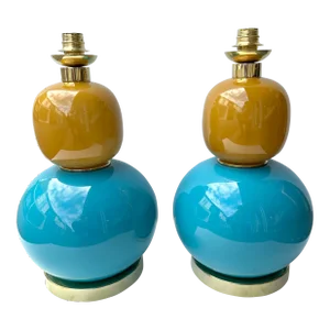 Contemporary Pair of Brass and Colored Bulb Murano Glass Lamps, Italy