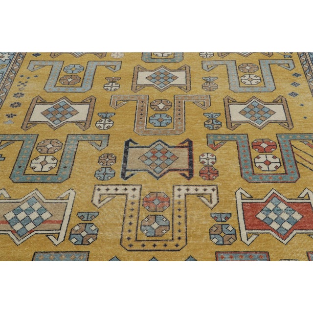 Rug & Kilim Rug & Kilim's Distressed Style Rug in Blue, Gold and Beige Geometric Pattern For Sale - Image 4 of 7