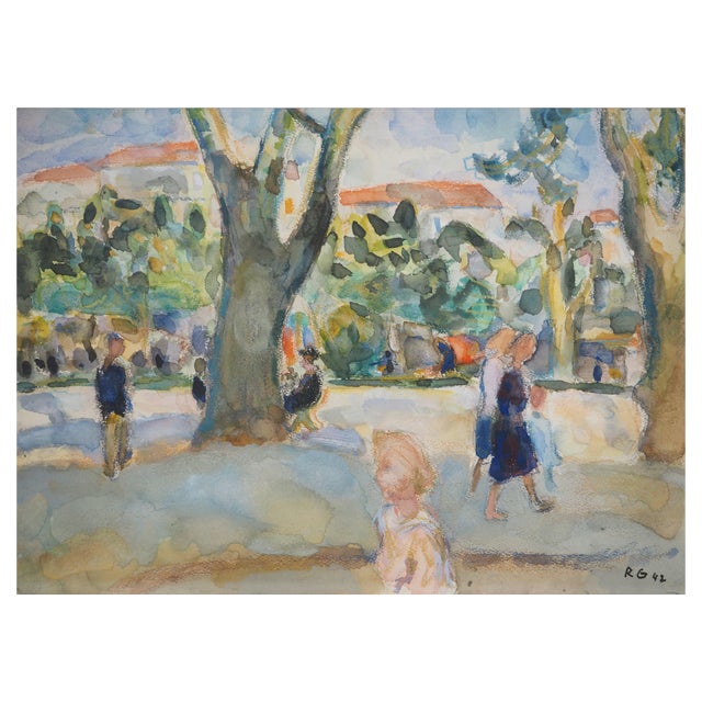 Kurt Groeger, Marseille, Afternoon in the Park, Original Watercolor For Sale