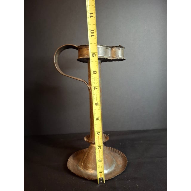 Antique 19thC Sheet Tin Betty Lamp Integrated Saucer Stand Primitive Fat Oil For Sale - Image 15 of 18