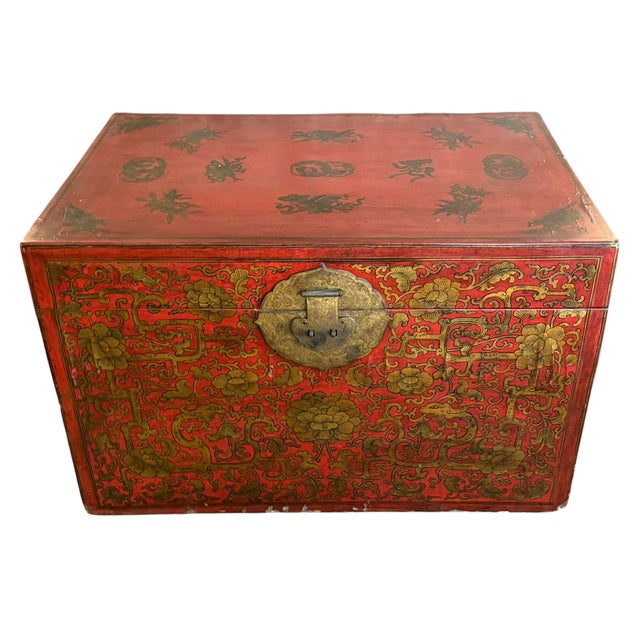 19th Century Antique Chinese Red & Gold Chinoiserie Trunk Coffee Table For Sale - Image 5 of 5