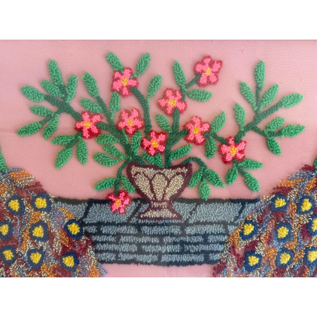 Folk Art Vintage Hand-Stitched Peacock Pair in Front of Pink Flowers - Loop Embroidery Framed Under Glass For Sale - Image 3 of 11