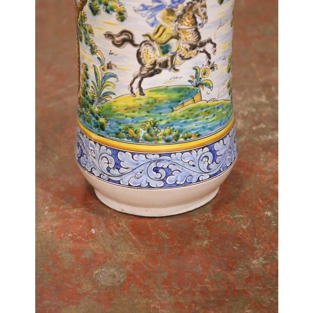 Mid-Century Italian Hand-Painted Majolica Umbrella Stand With Hunt Scene For Sale - Image 11 of 14