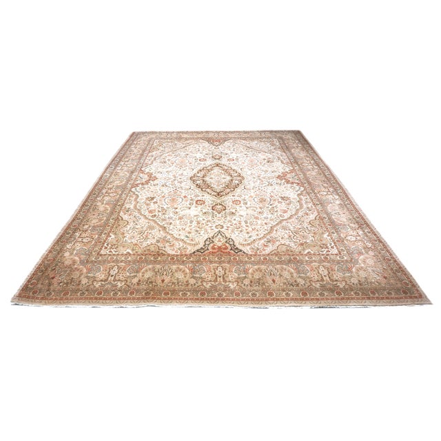 Condition: Antique Circa: 1940s Origin: Persia Design: Tabriz Actual Size: 9'8" x 12'8" Pile Height: 1/3 In. Color: Tan,...