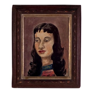 Enigmatic Original Watercolor Head Portrait Painting of Young Woman, Signed, Circa 1949 For Sale
