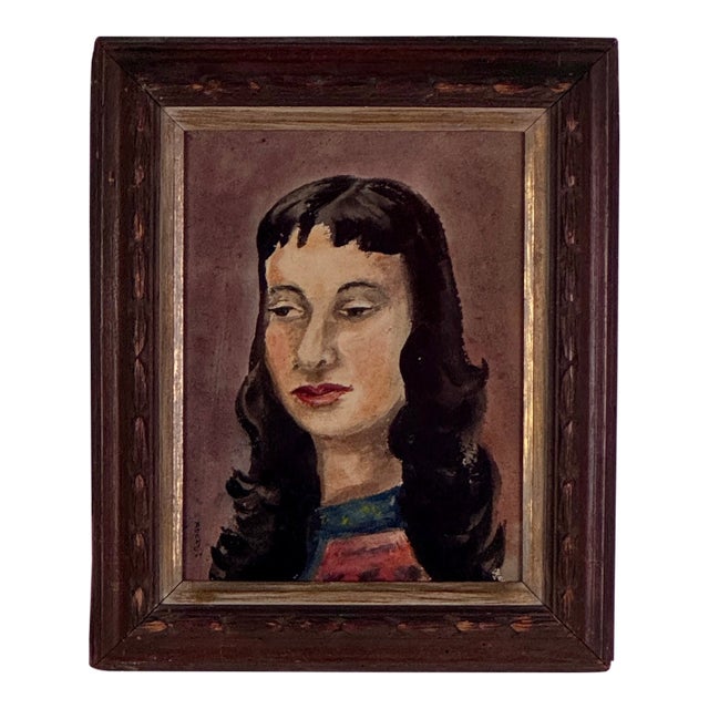 Enigmatic Original Watercolor Head Portrait Painting of Young Woman, Signed, Circa 1949 For Sale