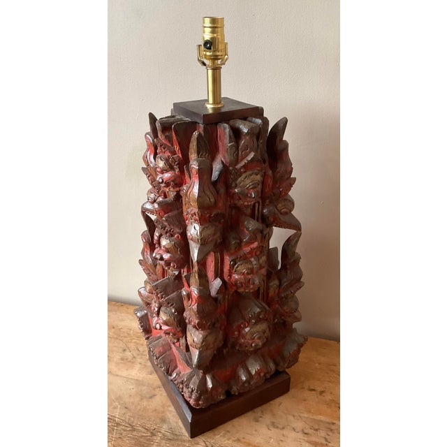 Mid-Century Modern Vintage Boho Hand Carved Temple Mask Lamp For Sale - Image 3 of 8