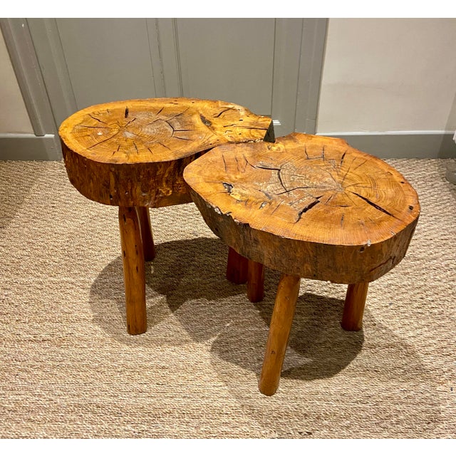 Exceptional pair of sculptural solid wood stools handcrafted from natural tree trunk sections, embodying the essence of...