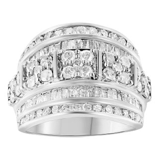 .925 Sterling Silver 2.0 Cttw Round & Baguette Cut Diamond Multi-Row Channel Set Tapered Cocktail Fashion Ring - Size 7 For Sale