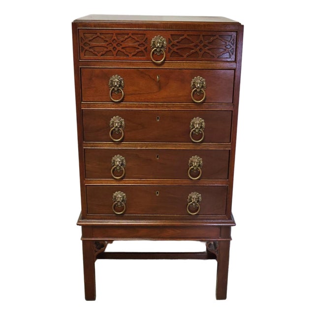 1980s Baker Historic Charleston Mahogany Tall Chest With Lion Head Pulls For Sale