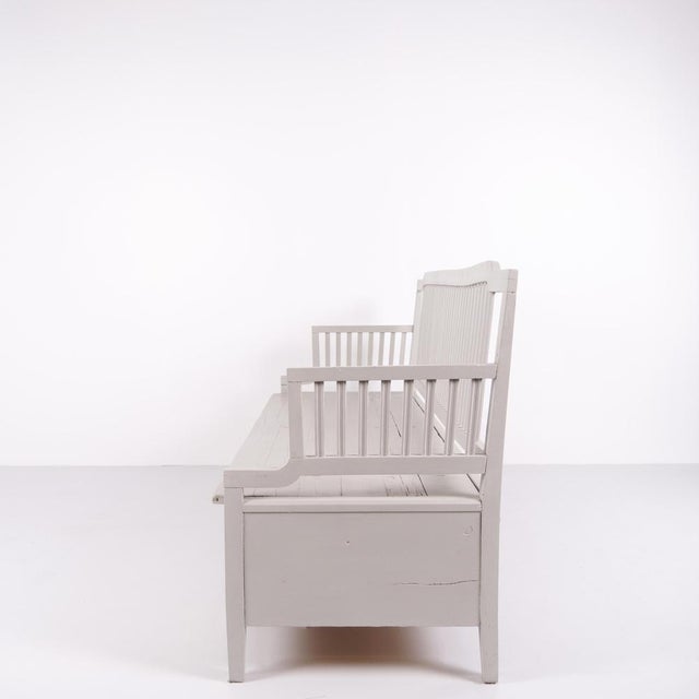 Antique Grey Pine Storage Bench with High Back, 1860s For Sale - Image 3 of 11