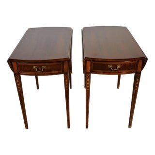 1970 Hickory Furniture English Sheraton Mahogany Inlaid Pembroke Side End Tables For Sale