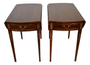 1970 Hickory Furniture English Sheraton Mahogany Inlaid Pembroke Side End Tables