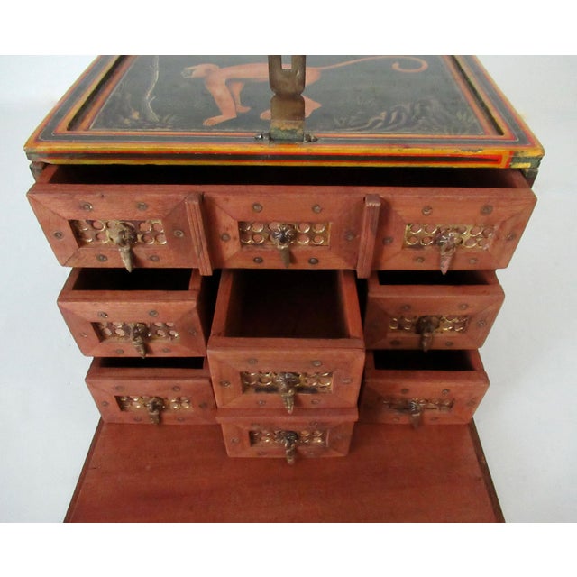 Vintage Anglo-Indian Hand-Painted & Crafted Wood and Brass Apothecary and/or Storage Box For Sale - Image 16 of 18