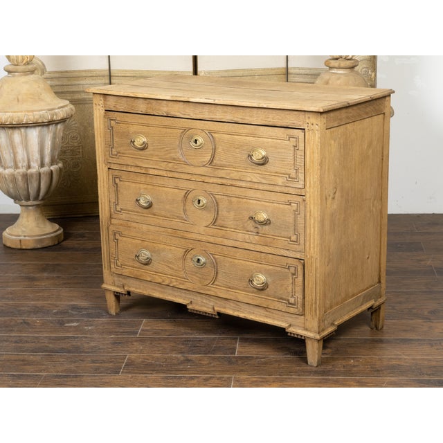 19th Century French Louis XVI Style Bleached Oak Three-Drawer Chest with Carved Panels For Sale - Image 10 of 12