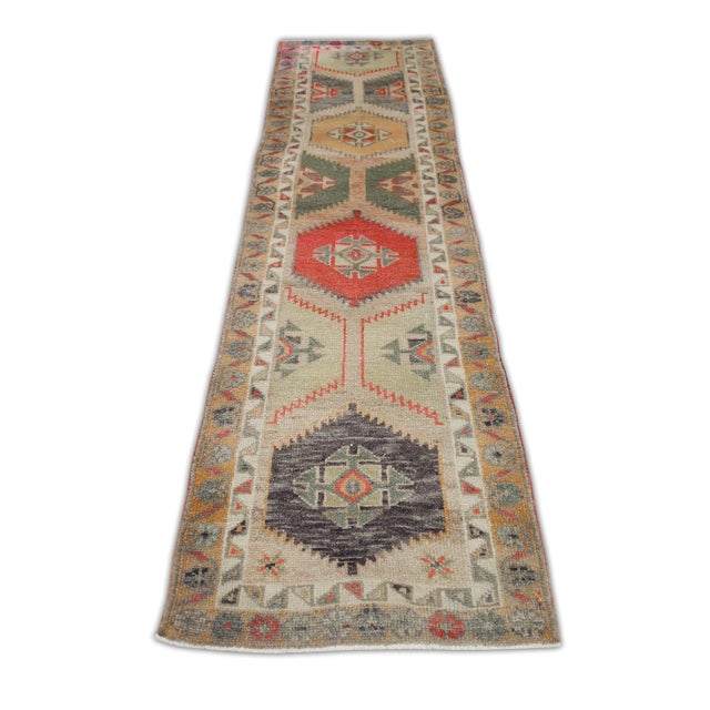 1960s Multicolor Geometric Design Handwoven Wool Vintage Turkish Runner 2'9" X 9'10" For Sale In Houston - Image 6 of 7