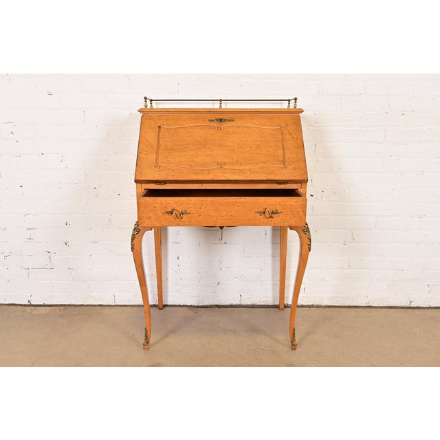 Late 19th Century Baker Furniture Style Antique French Provincial Louis XV Birdseye Maple Drop Front Secretary Desk With Mounted Brass Ormolu, Circa 1890s For Sale - Image 5 of 18