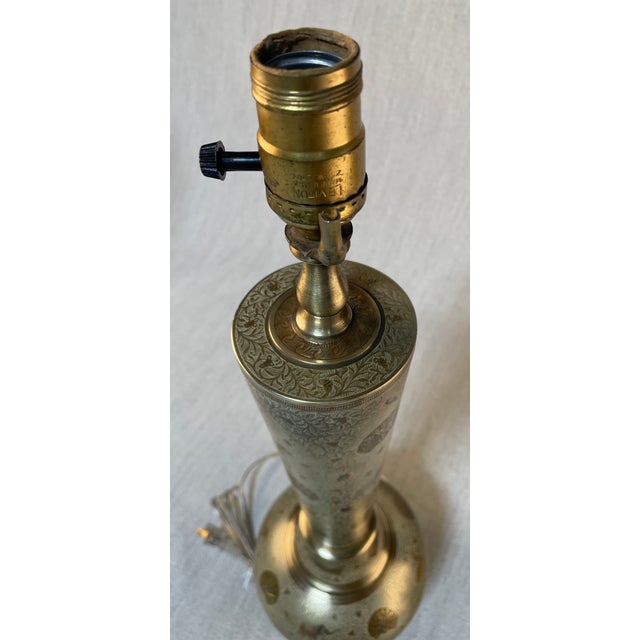 1950s Indian Brass Incised Animal Motif Table Lamp For Sale - Image 9 of 11