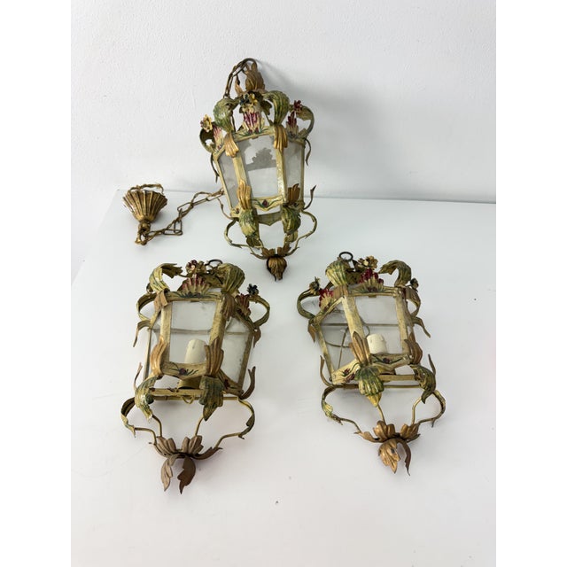 Metal Vintage Wall Lamps and Pendant Light in Decorated Wrought Iron, 1950s, Set of 3 For Sale - Image 7 of 12