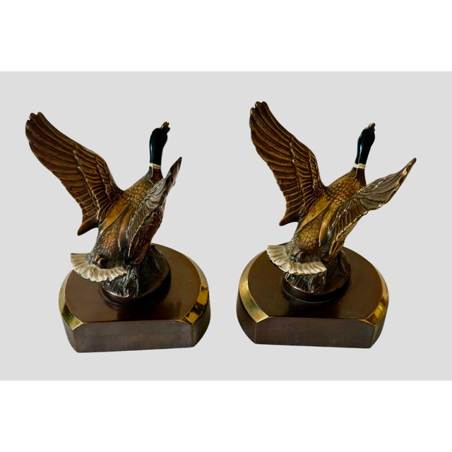 Metal ​Mid 20th Century Solid Brass Mallard Ducks in Flight Bookends Attributed to Pm Craftsman - A Pair For Sale - Image 7 of 12