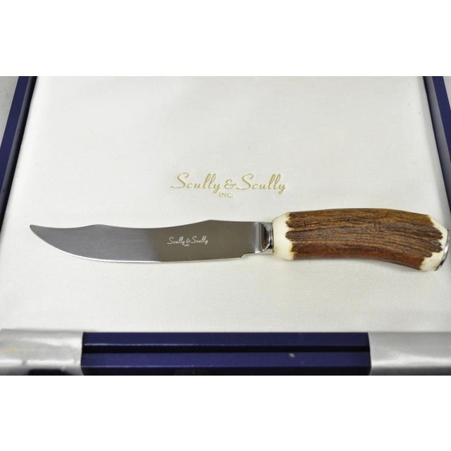 Late 20th Century Scully & Scully Arts & Crafts Natural Staghorn Handle Steak Knives - Set of 6 For Sale - Image 9 of 16