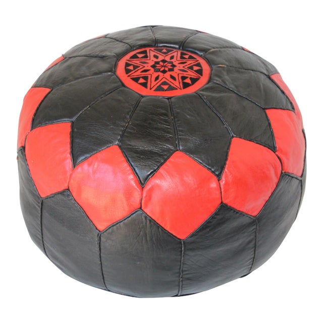 Moroccan Round Red and Black Leather Pouf Hand-Tooled in Marrakesh For Sale