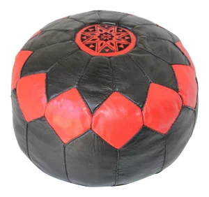 Moroccan Round Red and Black Leather Pouf Hand-Tooled in Marrakesh