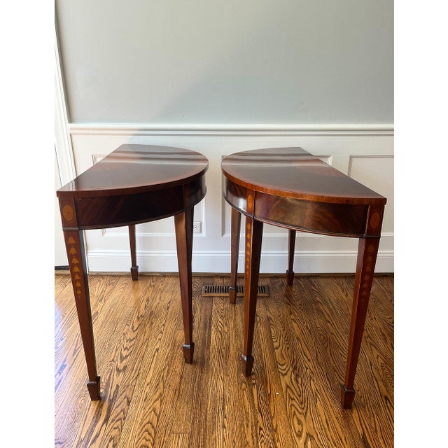 Mid 20th Century Pair of Inlaid Demilune Hepplewhite-Style Console Tables For Sale - Image 4 of 9