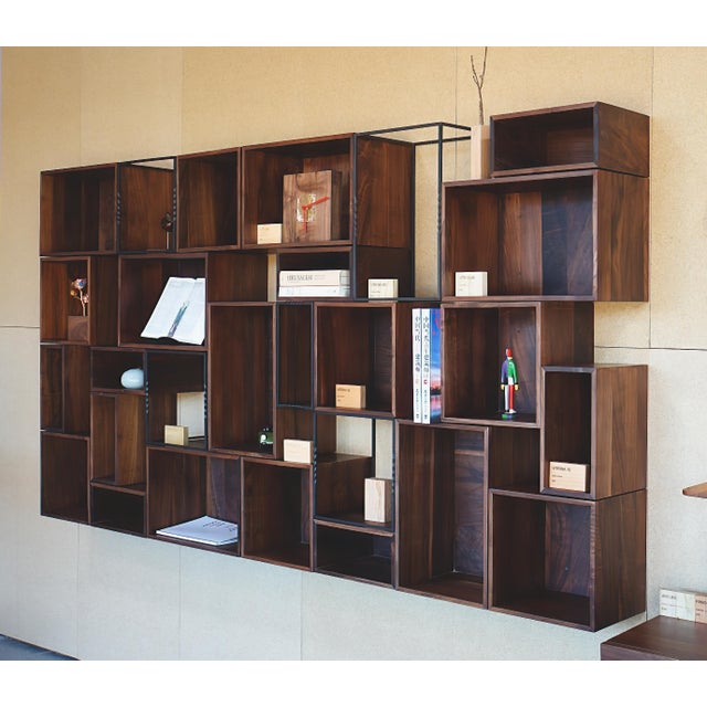 Brown Floating Shelves Wall Mounted, Modular Walnut Shelving Unit, Solid Wood Steel Wall Shelf for Home Office For Sale - Image 8 of 18
